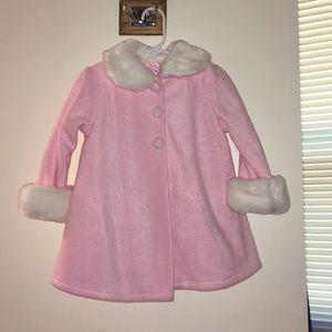 Pink felt coat with white fur collar and cuffs